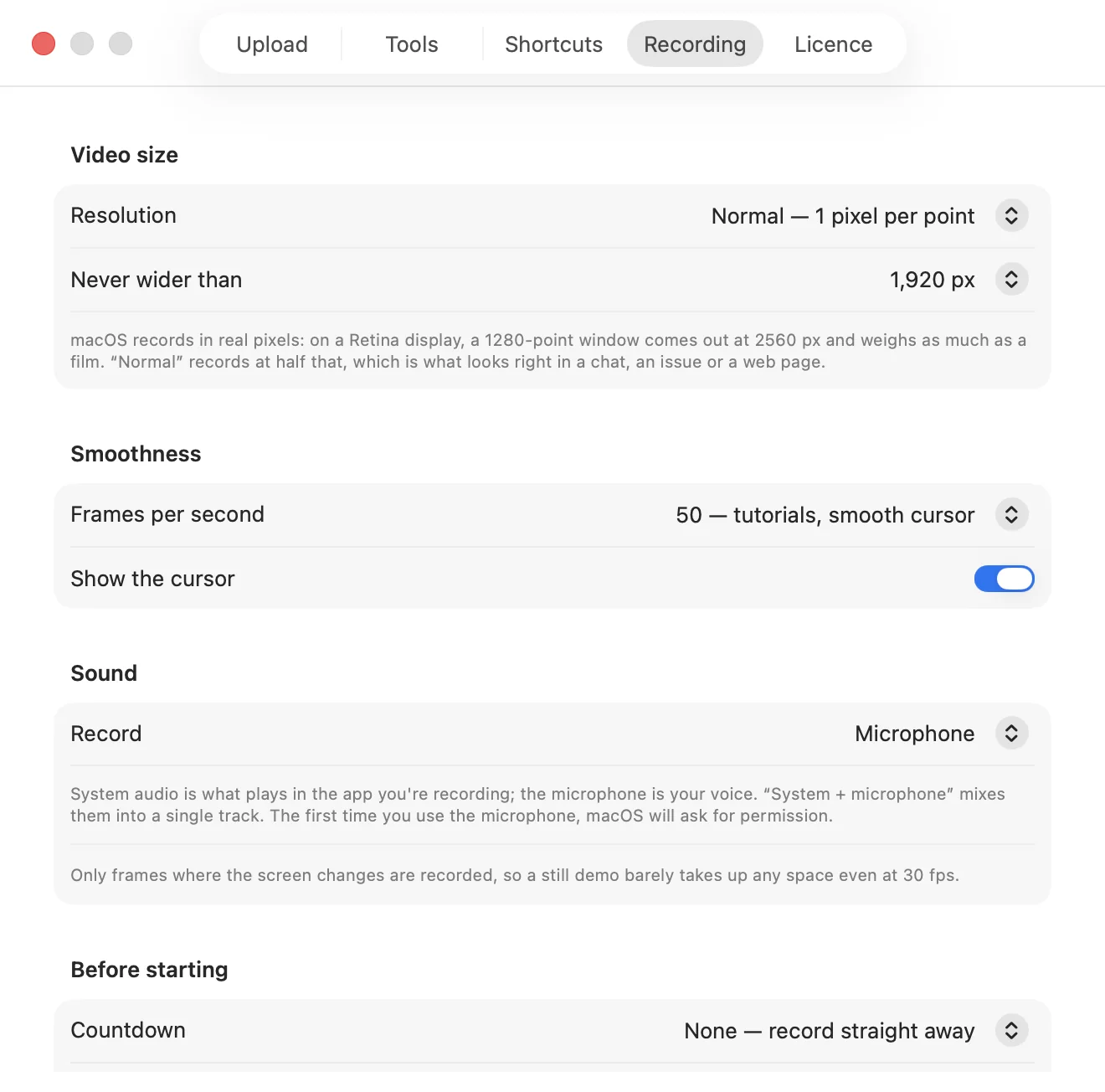 ShotDock's recording settings: resolution, frames per second and sound