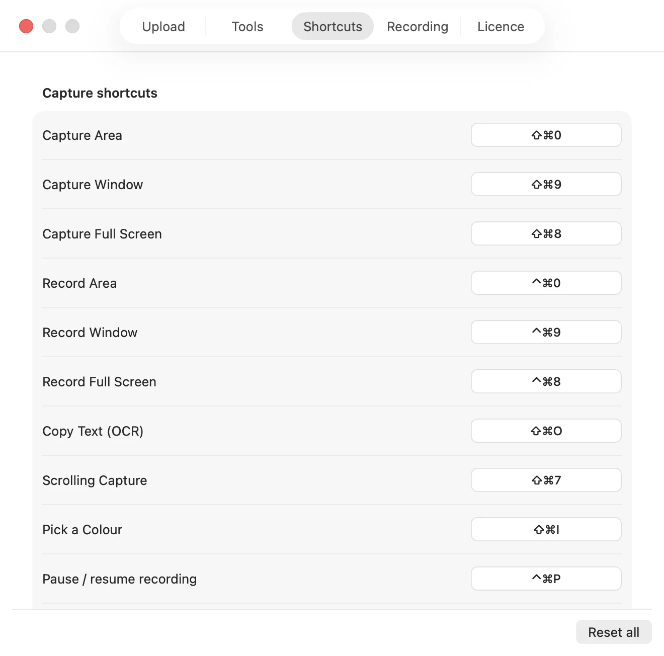 ShotDock's shortcut settings, with a shortcut to capture, record, copy text and pick colours