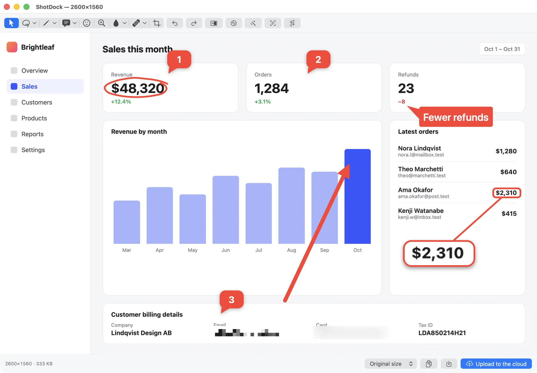 The ShotDock window with an annotated sales dashboard: numbered steps, a hand-drawn circle, an arrow, a magnifier, a callout and data hidden with pixelate and blur