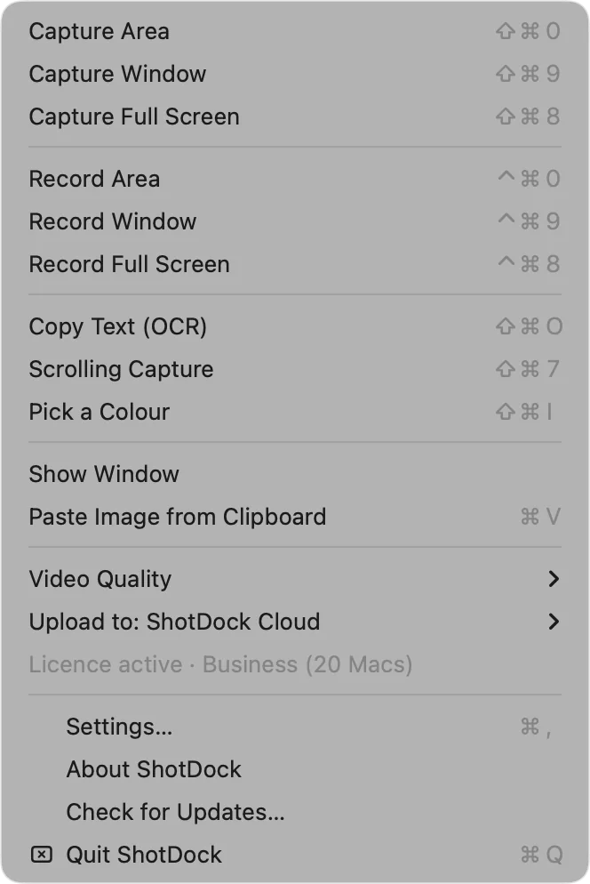 ShotDock's menu in the menu bar, with a shortcut for every action