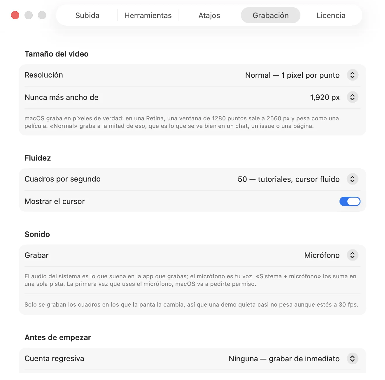 Preferencias de grabación de ShotDock: resolución, cuadros por segundo y sonido