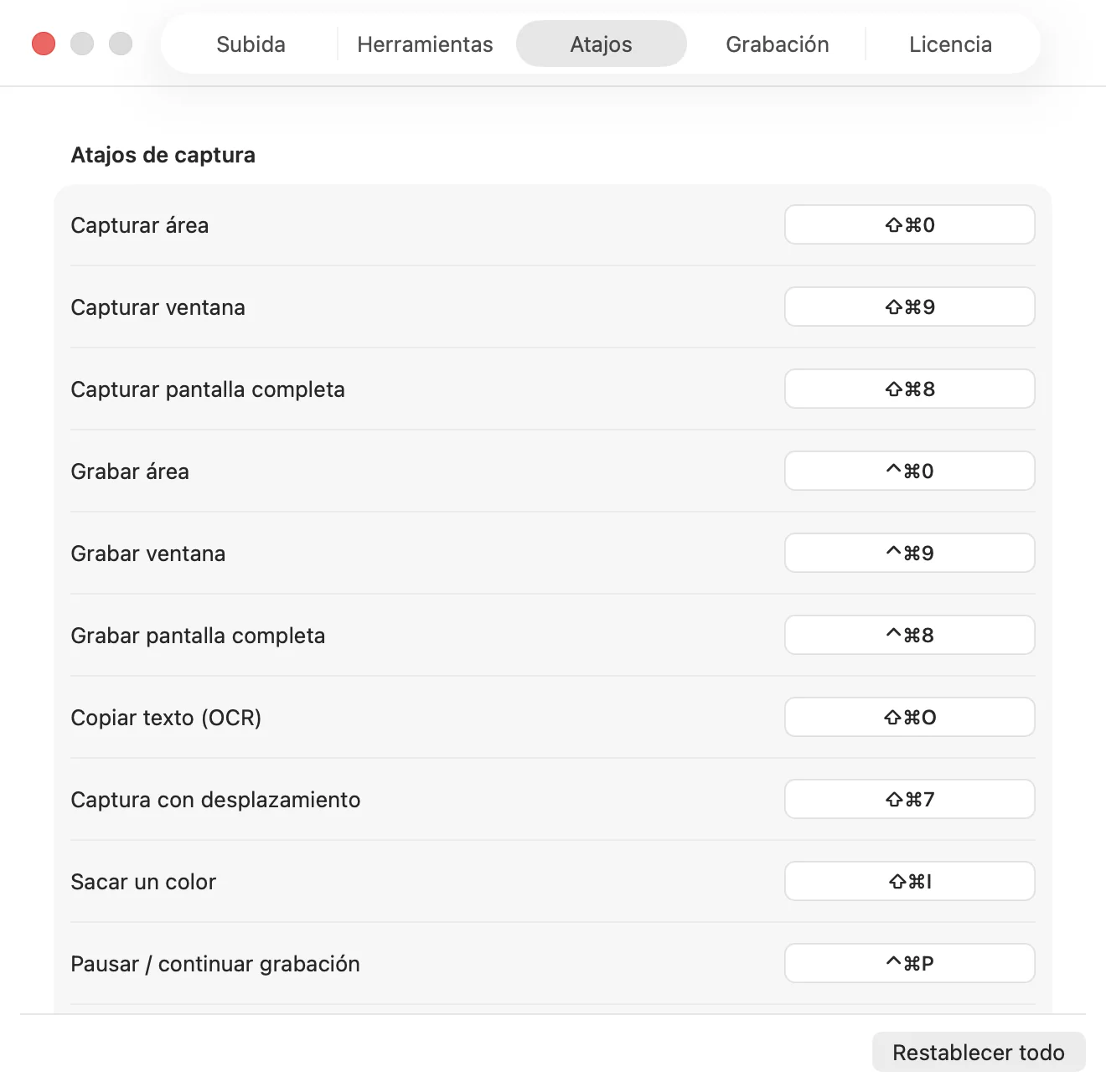Preferencias de atajos de ShotDock, con un atajo para capturar, grabar, copiar texto y sacar colores