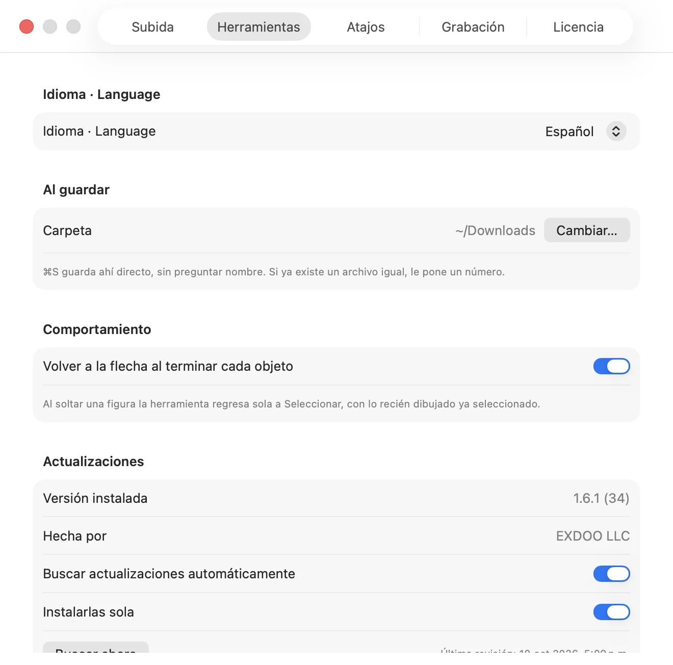 Preferencias de ShotDock con el selector de idioma, español o inglés