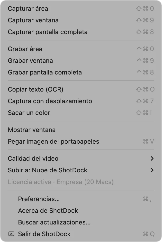 El menú de ShotDock en la barra de menús, con un atajo para cada acción