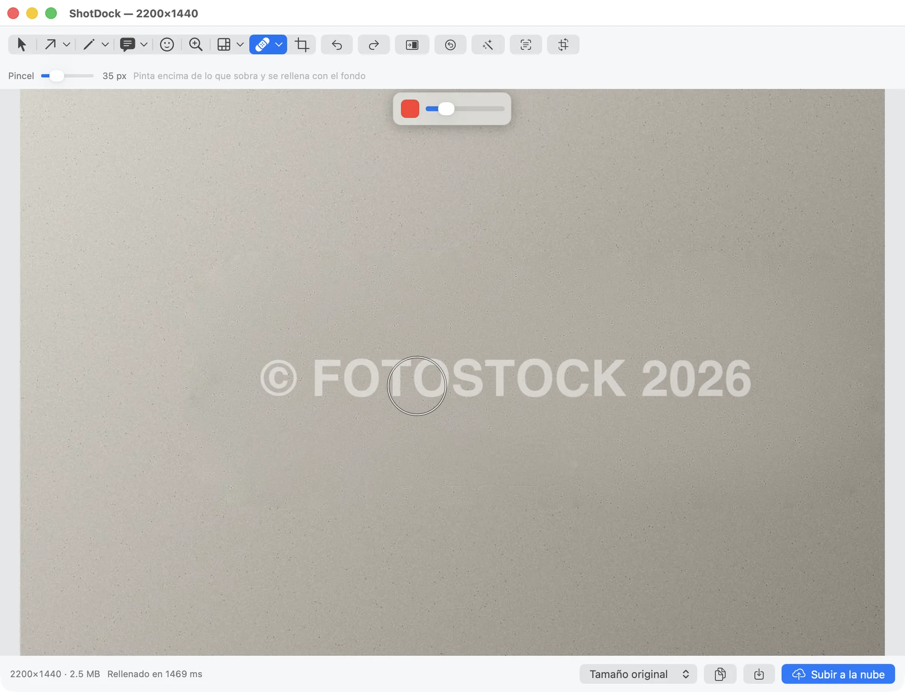El pincel de borrar de ShotDock quitando una línea de una marca de agua sobre una foto